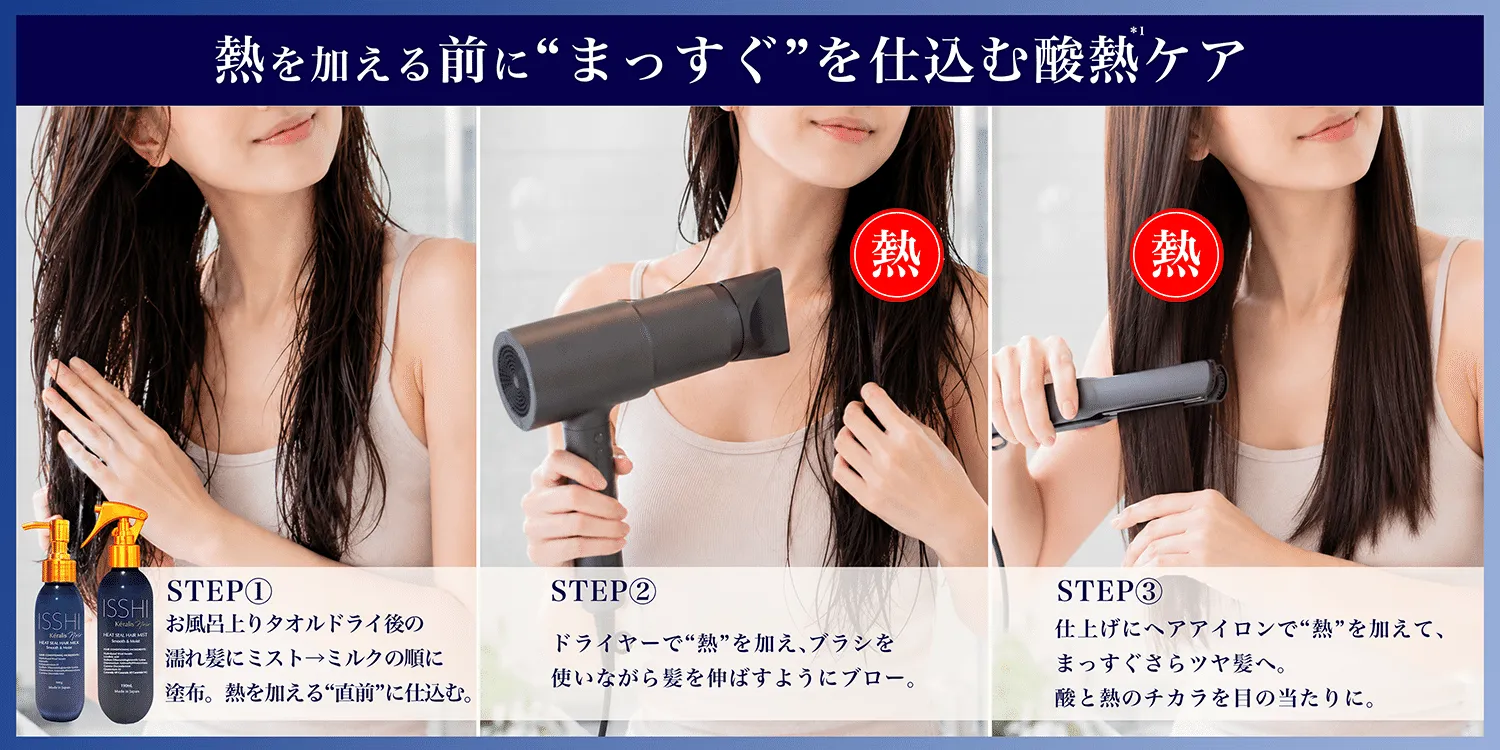 やさしく洗い、酸熱を仕込んで重ねて補修。熱を加える前に仕込んで、ダメージ髪を形状補正