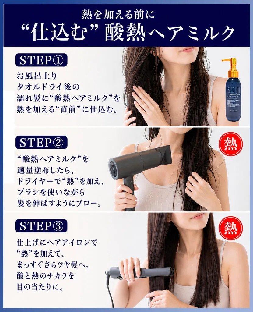 やさしく洗い、酸熱を仕込んで重ねて補修。熱を加える前に仕込んで、ダメージ髪を形状補正